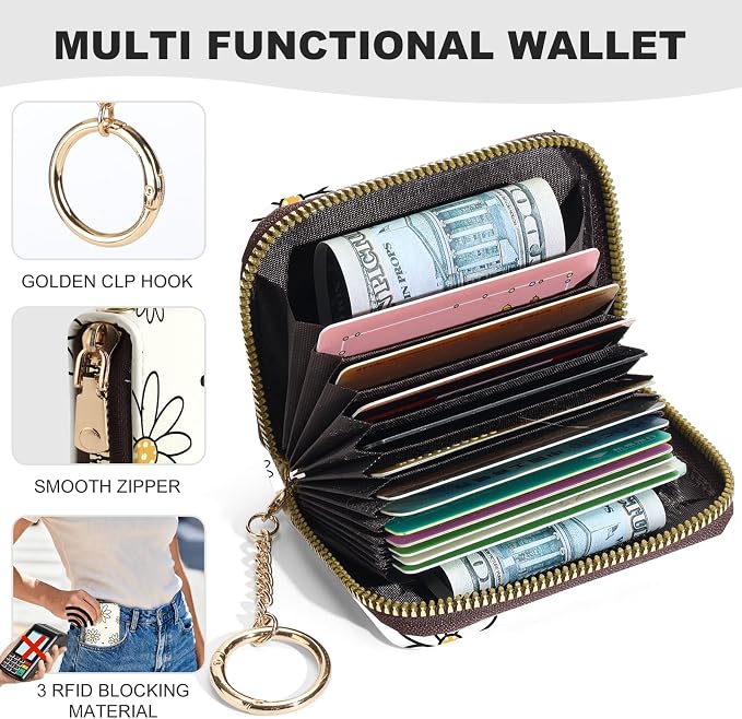 Credit Card Holder for Women,Small Rfid Wallet with Keychain Zipper,Cute PU Leather Card Case Wallet，Accordion Credit Card Wallets Gift,Large White Flower