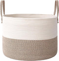 JMvicyroam 65L Extra Large Machine Washable Cotton Rope Blanket Basket | Collapsible laundry hamper, Reinforced handles, For blankets, pillows, toys and clothes, Living room and bedroom, White&Brown