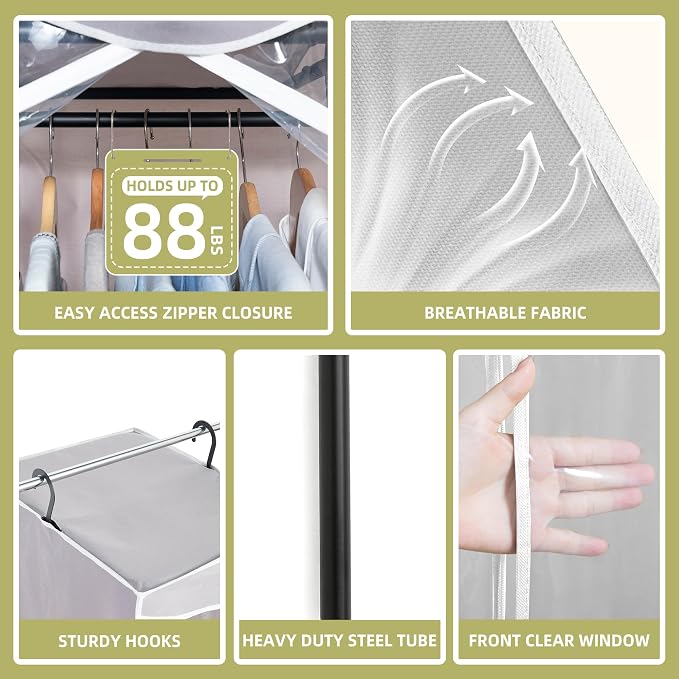 Garment Bags for Hanging Clothes Storage, Long Garment Cover with Zippered Clear Window for Closet Wardrobe Clothes Rack Organizer, Hanging Garment Bags for Dresses, Suits, 2 Pack, Gray