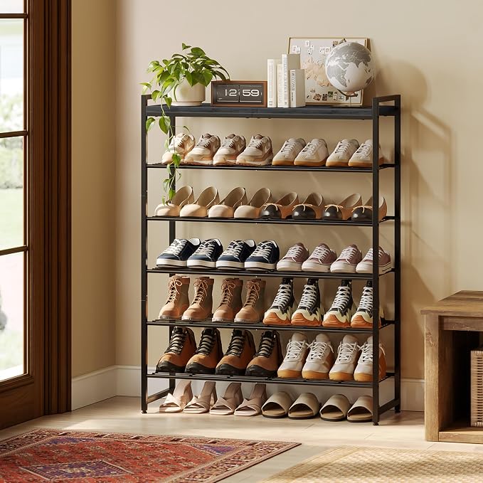 6 Tier Shoe Rack Organizer for 24-30 Pairs, Tall Metal Shoe Storage Shelf with Wood Top, Adjustable Boot Space, Narrow Design for Entryway Closet,Black