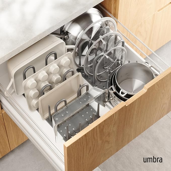 Umbra Peggy Kitchen Drawer Cupboard Organizer Tray - Adjustable Storage System For Food Containers, Cookware, Serveware, Utensils and More, Grey (Pack of 3)