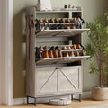 Shoe Cabinet with 3 Flip Drawers, Freestanding Hidden Shoe Storage Organizer for Entryway, Narrow Slim Shoe Rack Cabinet with Open Storage & Hooks for Front Door Entrance, Living Room, Hallway, Grey