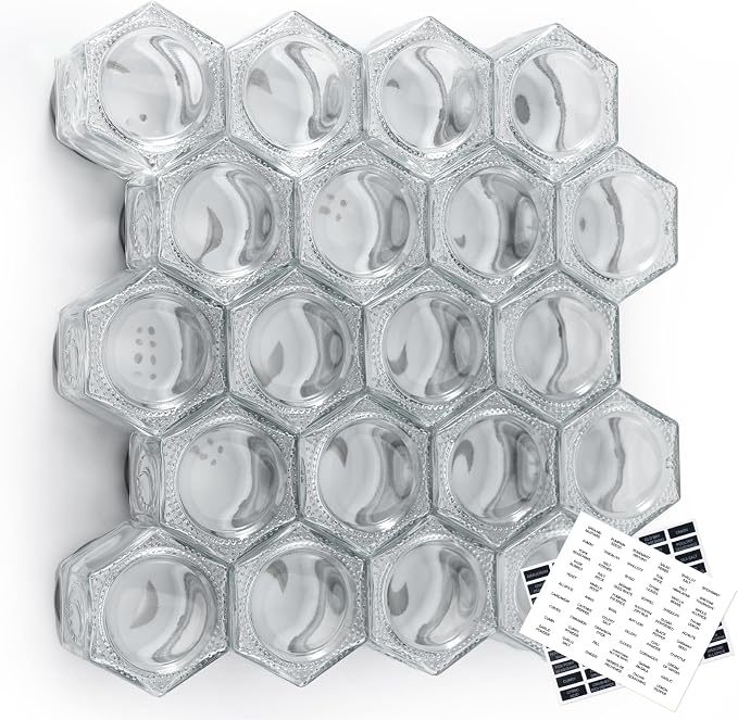 Homazing Set of 20 Large 4oz Magnetic Spice Jars for Refrigerator, Hexagon Glass Magnetic Spice Jars with Shaker Lids and Labels for Kitchen RV Travel Trailer, Magnetic Spice Containers for Fridge