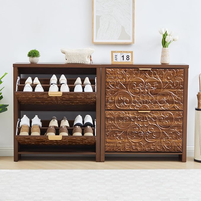 weselon Flip Drawer Shoe Cabinet Set of 2, Narrow Shoe Storage Cabinet, 2-Tier Hidden Shoe Organizer with Carved Floral for Entryway, Slim Shoes Storage for Hallway Foyer (2, Walnut)