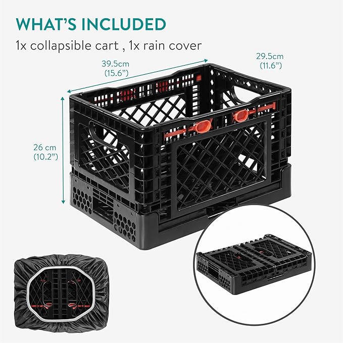 Navaris Collapsible Crate with Rain Cover - Versatile and Space-Saving Transport Box - Ideal for Shopping, Transporting and Travelling - 25L - Black