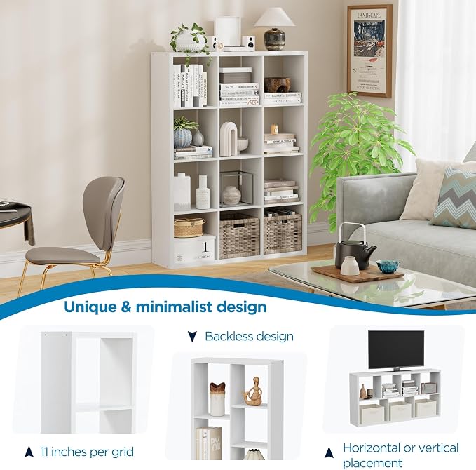12-Cube Storage Organizer, Wooden Cube Shelf Bookcase with Reinforced Thick Shelves, Heavy-Duty 36.93" L x 9.37" W x 48.82" H, for Living Room Bedroom Home Office, White