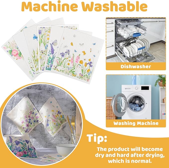 Needbrock 6 Pack Spring Floral Swedish Dishcloths for Kitchen, Absorbent Dish Cloths Swedish Rags Dish Towels with Adhesive Clips, Reusable Paper Towels No Odor for Cleaning Sink Kitchen