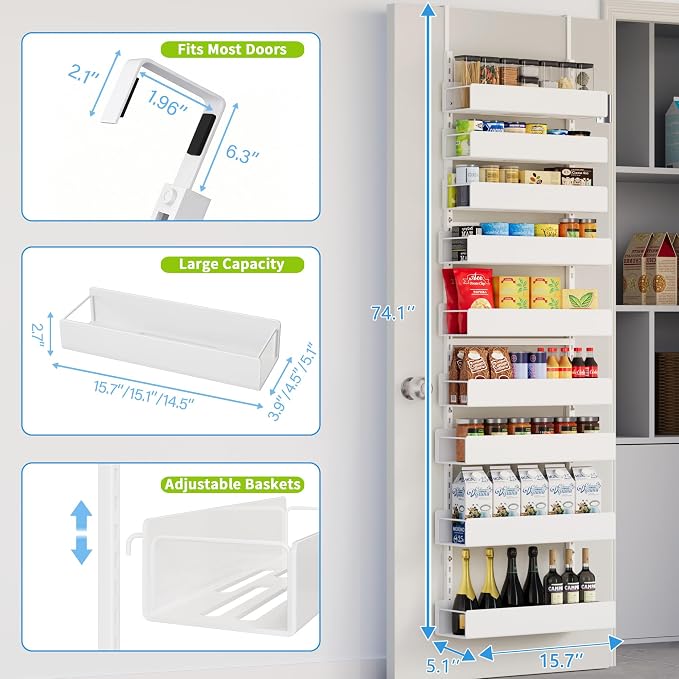 9-Tier Over Door Organizer, Heavy Duty White Metal Spice Rack Shelves for Kitchen Bathroom Laundry