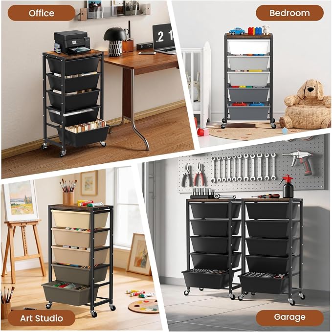 Rolling Cart with 5 Drawers, Plastic Drawer Storage Carts with Wheels & Wooden Tabletop, Metal Utility Cart for Office Bedroom Living Room Classroom, Craft Organization and Storage, Brown