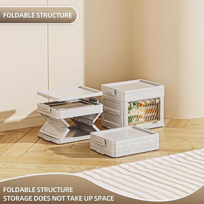 4 QT / 1 Gal Foldable Storage Cabinet with Clear Double Doors Organizer, Transparent Front & Back, Pull to Setup, Rolling Storage Bin for Closet/Living Room