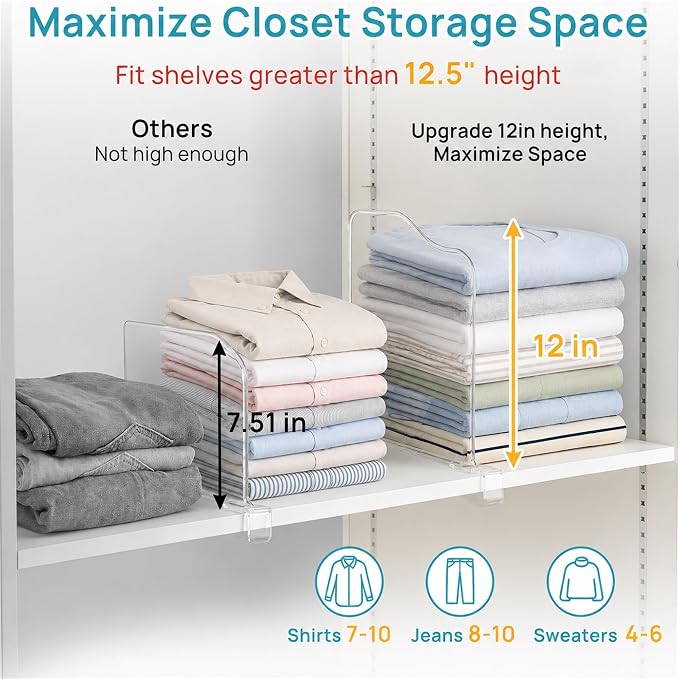 Vtopmart 12" Extra Tall x 11.7" Deep Shelf Dividers, 12 Pack | For Closet Organization, Maximizes Closet Vertical Space, Easy to Install, Fit Deep Shelf Thicknesses From 0.4" to 1.35"