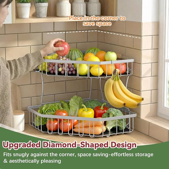 2 Tier Fruit Basket for Kitchen Counter - Detachable Metal Fruit Bowl with 2 Banana Hangers for Corner , Large Capacity Fruit Stand with Wooden Handle for Bread Fruit and Vegetable Storage - Silver