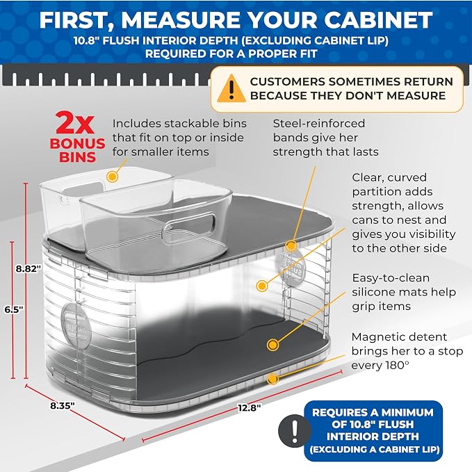 Mighty Susan 2-Tier Lazy Susan Pantry Organizer – Steel Reinforced Turntable for Kitchen Cabinets & Pantry Storage – Heavy-Duty Can Organizer Holds Up to 30 lbs – Rotates 360° – Includes 2 Bonus Bins