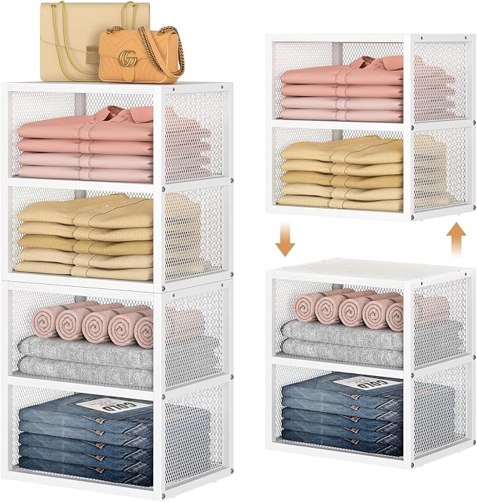 DAOUTIME 4-Tier Stackable Closet Organizers and Storage Shelves, Closet Storage Basket with Wood Tops Extra Storage, Clothes Sweaters Organizer Bins/Cube Storage Drawer for Home Wardrobe, White