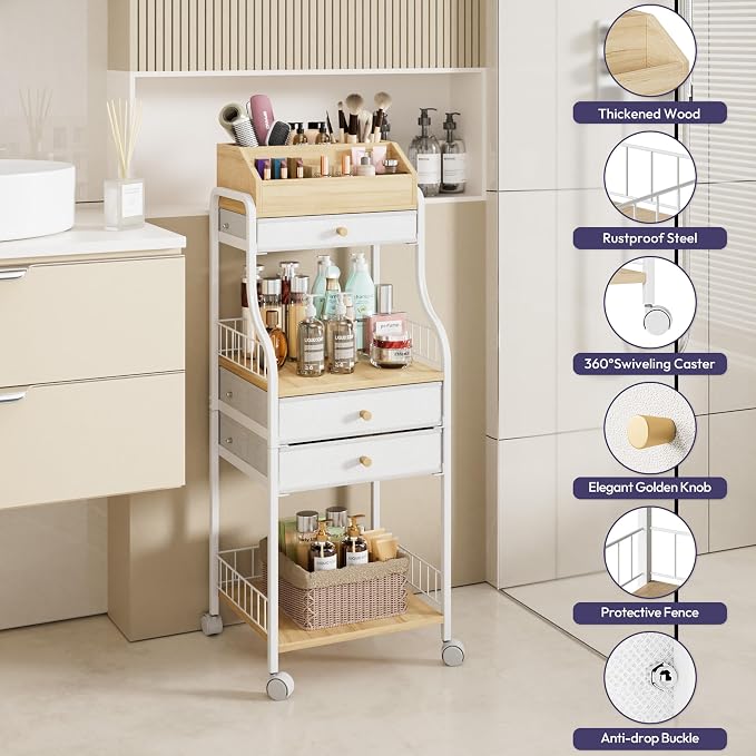 SWTYMIKI Rolling Makeup Organizer Cart - Floor Skincare Storage with Non-woven Drawers, Vanity Organizer Cosmetic Display Cases with Wheels, Cabinet for Skin Care Perfume Nail Polish Brush Hair Tool