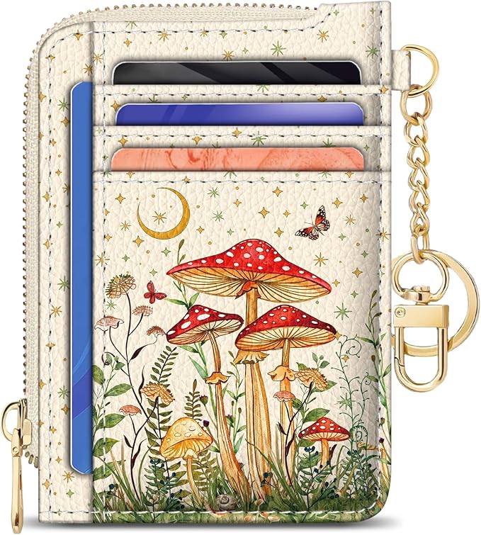 GIANCOMICS Slim Wallet Credit Card Holder Women, White Rfid Blocking Small Card Case, Keychain Thin Pocket Curved Zipper Wallet, Mushroom Travel Card Holder PU Leather ID Window, Ladies Female Gifts
