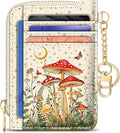 GIANCOMICS Slim Wallet Credit Card Holder Women, White Rfid Blocking Small Card Case, Keychain Thin Pocket Curved Zipper Wallet, Mushroom Travel Card Holder PU Leather ID Window, Ladies Female Gifts