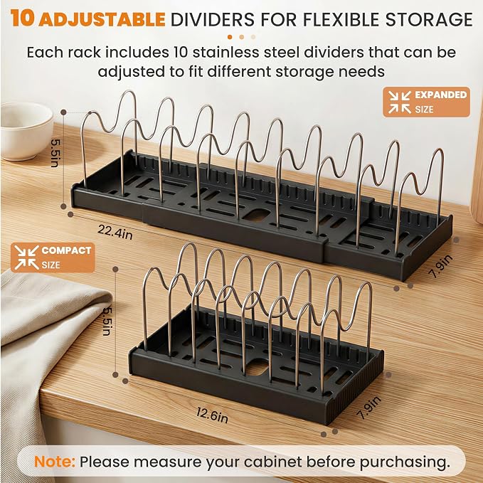2 Pack Expandable Pot Lid Organizers with 10 Adjustable Dividers | 12.6-22.4 Inch Pots and Pans Organizer Rack Under Cabinet, Countertop, Pan Lids, Bakeware, Food Container Lids, Black