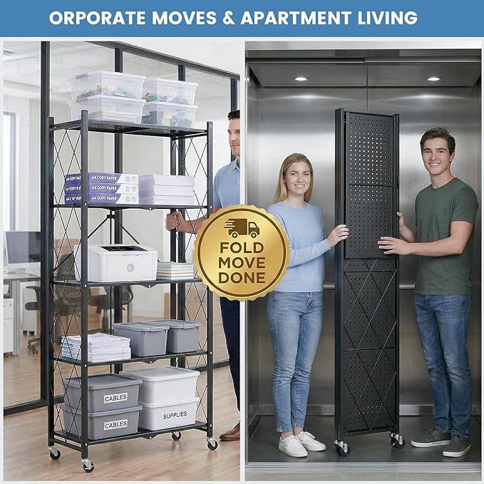 ALANNG 70.7" H Metal Storage Shelves, 5 Tier Folding Shelf on Wheels | Heavy Duty, No Assembly, Rolling, Collapsible Rack Unit for Kitchen, Basement, Pantry (Black,1 Pack)