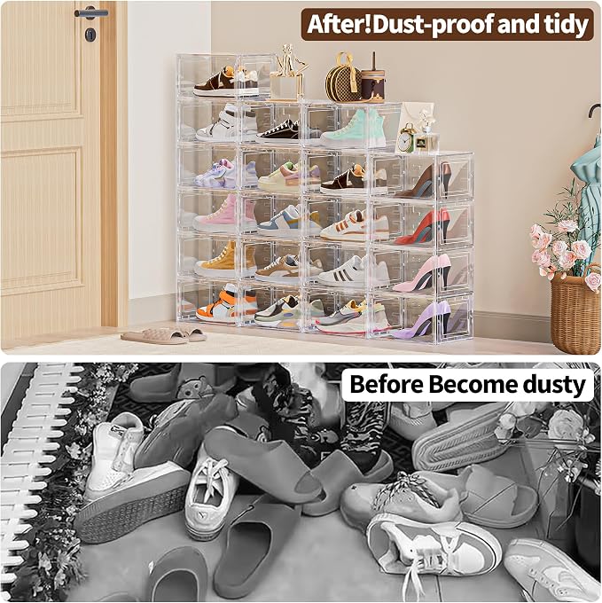 6 Pack Hard Plastic Clear Shoe Storage Organizer Boxes, White | Heavy Load Up to 80lb,Acrylic Magnetic Door,Stackable,Easy to Assemble,Dust-free,for Closet,Entryway,Under Bed,Small Space