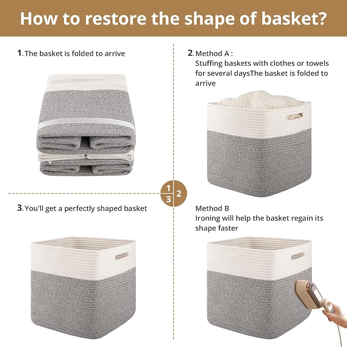OIAHOMY 13 Inch Cube Storage Bins, 3-Pack Cotton Rope Woven Baskets for Organizing, Insert Storage Baskets for Shelves, Baby Nursery, Closet Organizer, 13 * 13 * 12.6IN, Grey & White