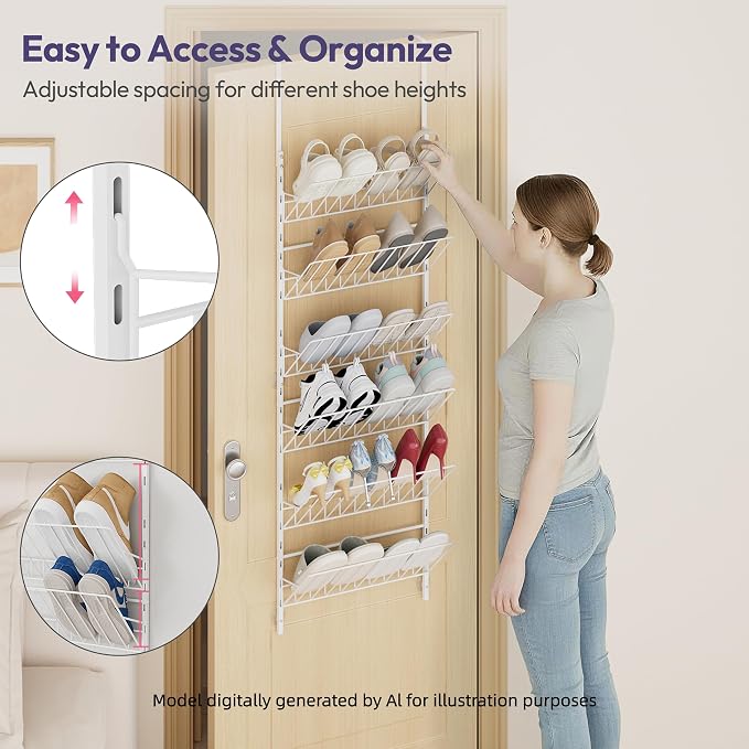 SWTYMIKI Over the Door Shoe Organizer - Adjustable 6 Tier Hanging Shoe Rack Organizer, Metal Heavy Duty Behind Door Storage or Wall Mount Shoes Shelf for Flats, Heels, Sneakers, Boots