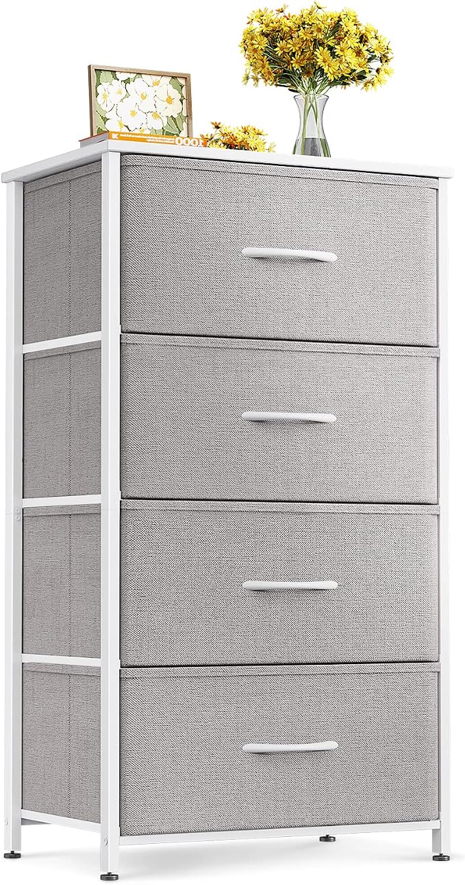 ODK Small Dresser for Bedroom with 4 Storage Drawers, Light Grey | Dresser Chest of Fabric Drawers with Sturdy Steel Frame for Small Space, Wood Top