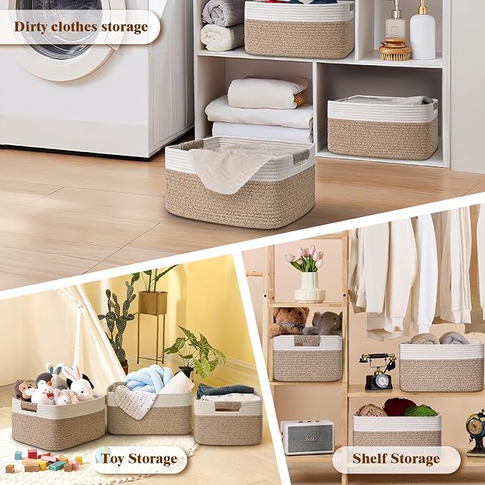 4 Pack Large Storage Basket for Organizing, 17.5"x13"x7" Woven Basket for Shelves, Closet Cube Storage Bins with Wrapped Handle, Cotton Rope Baskets for Kitchen, Clothes, Toys(Off White & Brown)