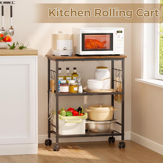 BEWISHOME 3-Tier Rolling Kitchen Microwave Cart, Microwave Table Stand | with 4 Lockable Wheels, Small Coffee Cart Shelf Rack Organizer for Kitchen, Living Room, Bathroom