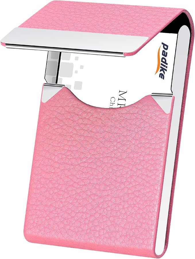 Padike Professional Business Card Holder PU Leather Business Card Case Name Card Holder Slim Metal Pocket Card Holder with Magnetic Shut (Pink)