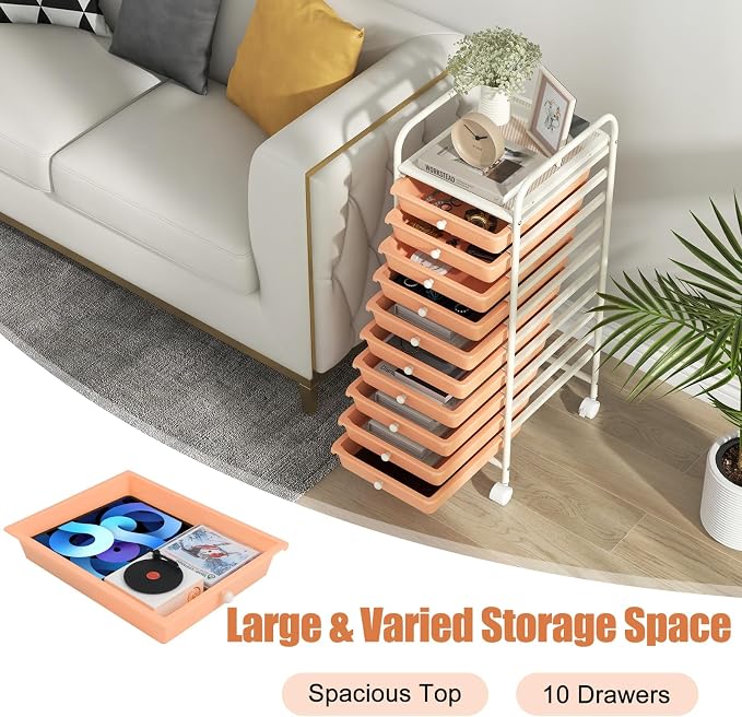 LDAILY 10 Drawer Rolling Storage Cart, Craft Organizer on Wheels, Drawer Cart with Metal Frame & Large Storage Capacity, Rolling Cart with Drawers for Living Room Classroom, Office