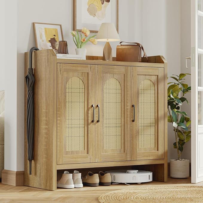 Mericonia Rattan Shoe Storage Cabinet, Farmhouse Shoe Cabinets Storage for Entryway, Boho Wooden Shoe Rack with 3 Doors for Entryway, Hallway (Natural, 3 Door)