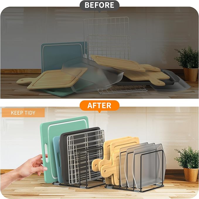 Cutting Board Organizer, [2-Pack] Kitchen Cabinet Organizer, Divided Rack with 5 Slots for Baking Trays, Cutting Boards - Cookie sheet Organizer Inside Cabinet, Baking Sheets Holder (Large)