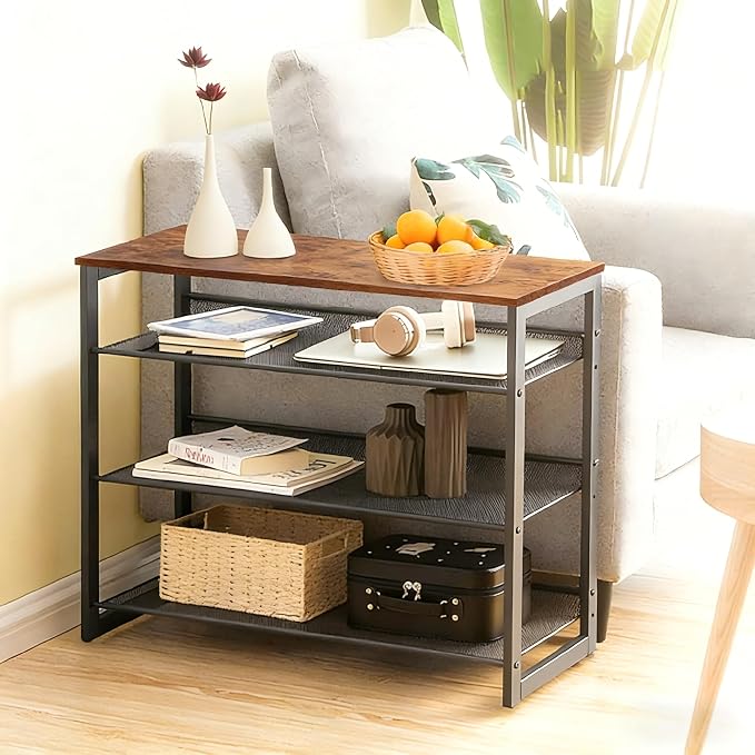 Garden 4 you Shoe Rack for Entryway 4 Tiers 11.8" D x 25" W x 28" H, Metal Shoe Rocks with Brown Wooden Tabletop, Angled Shoes Rack with Adjustable Mesh Shelves for Entryway Hallway Closet