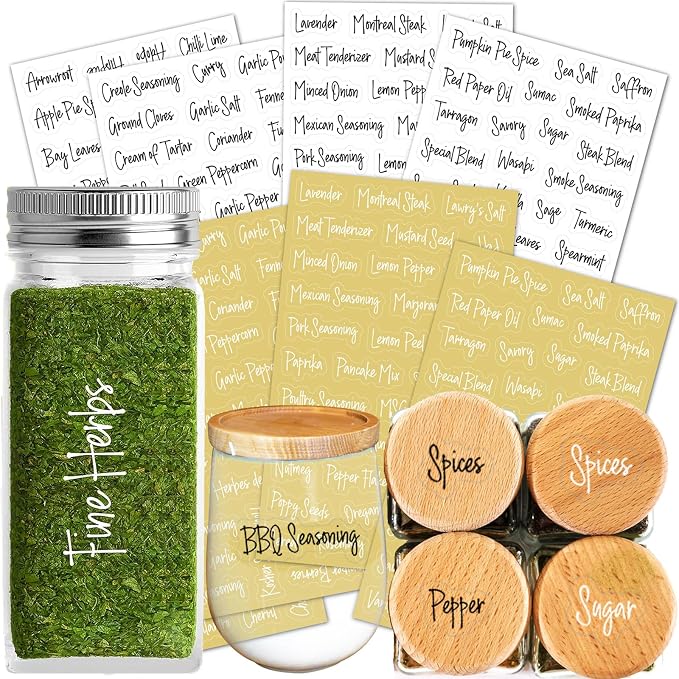 278 Pcs Clear Spice Labels Stickers Preprinted,Small-Stickable -Removable,139 Black+139 White Handwriting Letters, Work on Kitchen Jars Surface