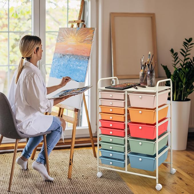 LUARANE Rolling Cart with 15 Drawers, Craft Storage Cart with Portable Handles & Lockable Wheels, Mobile Toys Organizer, Large Capacity Utility Drawer Cart Home Office School Teacher (Macaron)