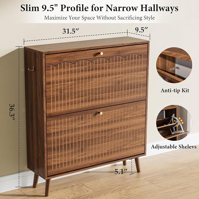 Nicetree Mid-Century Modern Slim Shoe Cabinet for Entryway, 9.5" Narrow Shoe Storage Cabinet with Architectural Arched Fluted Front, Entryway Shoe Storage with Adjustable Shelves,Classic Walnut