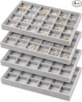 Unittype Set of 4 Stackable Jewelry Organizer Tray for Drawer Inserts Velvet Necklace Earring Bracelet Ring Holder Jewelry Display Storage Box for Bangle Stud Necklace Ring(24 Grid,Gray)
