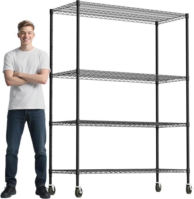 Whitmor 4 Tier Storage Shelves with Wheels, Heavy Duty Metal Shelving Unit, 625 lbs Capacity per Shelf, 2500 lbs Total for Kitchen, Garage, Plant, 55" L x 24" W x 72" H, Black