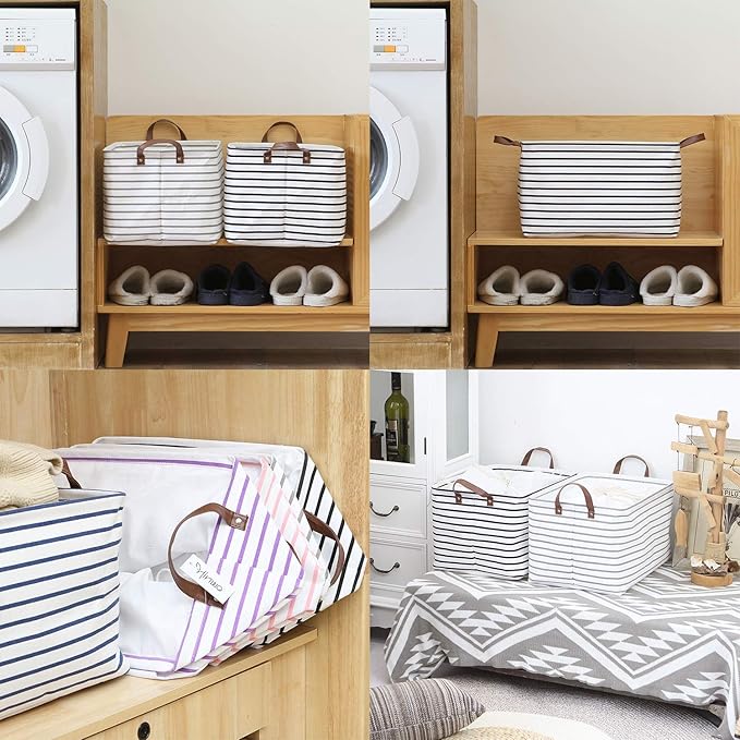 Hinwo 31L Large Storage Bins, Closet Organizers and Storage, Shelf Baskets, Foldable Clothes Storage Baskets with Handles, Containers for Clothing, Blanket, Towels, Toys, Bedding (Black Stripe)