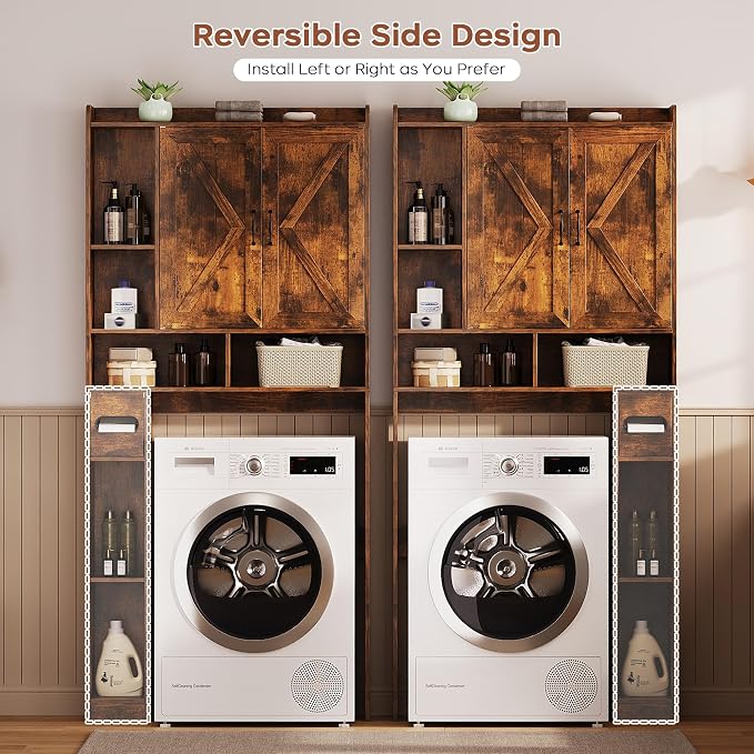 Over the Toilet Storage Cabinet, 31.1”W Bathroom Organizer with Double Doors, Above Toilet Rack, Detachable Toilet Paper Holder for Bathroom & Laundry Room Brown