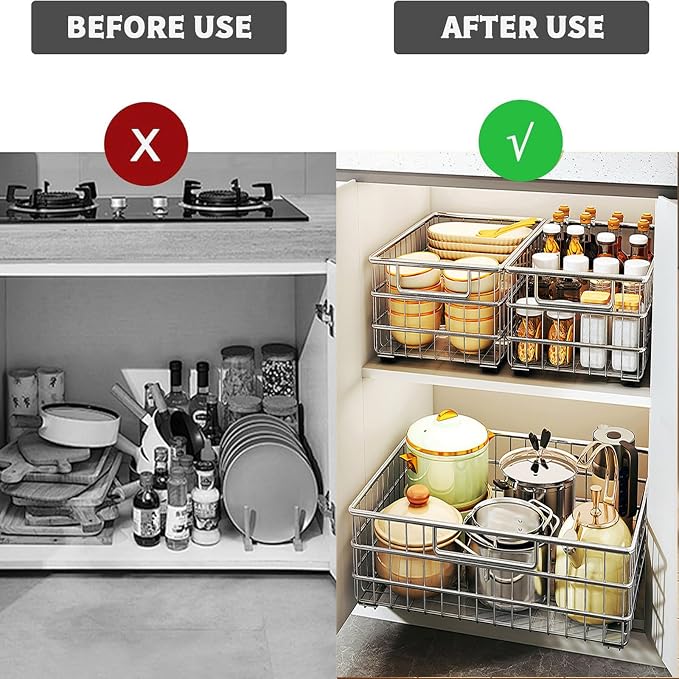 2 Pack Wire Kitchen Storage Basket Pull Out Cabinet Organizer, Perfect Pantry Organization Accessories Baskets for Kitchen, Bathroom, Bedroom