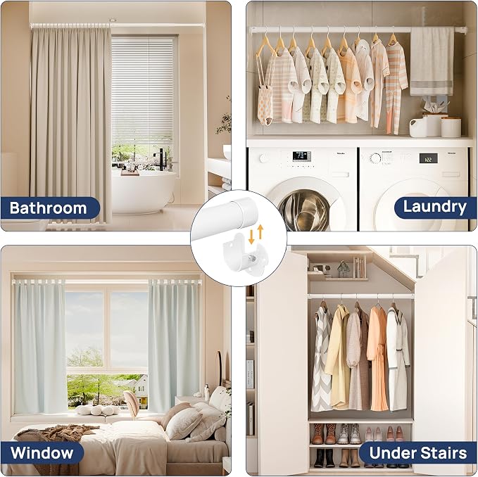 ENJOYBASICS Closet Rods for Hanging Clothes, 17 to 80 Inches Stepless Adjustable Closet Pole, 1.3 Inches Heavy Duty Clothes Rod for Wardrobes, Bathroom, Laundry and Windows, White