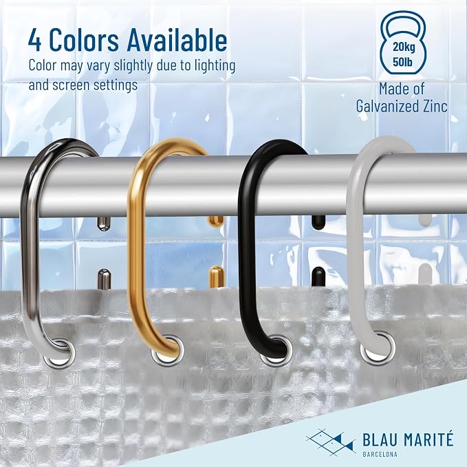 12 Metal Shower Curtain Hooks, Rust-Proof Decorative C-Shaped Curtain Hooks for Bathroom, Black Shower Curtain Rings, Fits Rods Up to 1 Inch (C, Black)