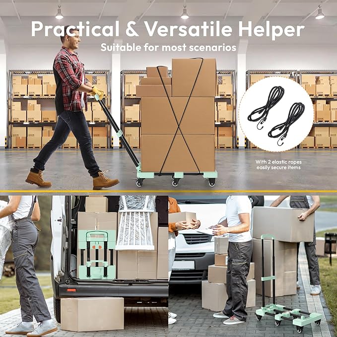 Voipvvii Folding Hand Truck 500lbs, Portable Heavy Duty Dolly Cart, 6 Wheels Collapsible Luggage Cart with 2 Elastic Ropes - Compact Trolley Cart for Easy Moving - Ideal Hand Cart for Travel and More