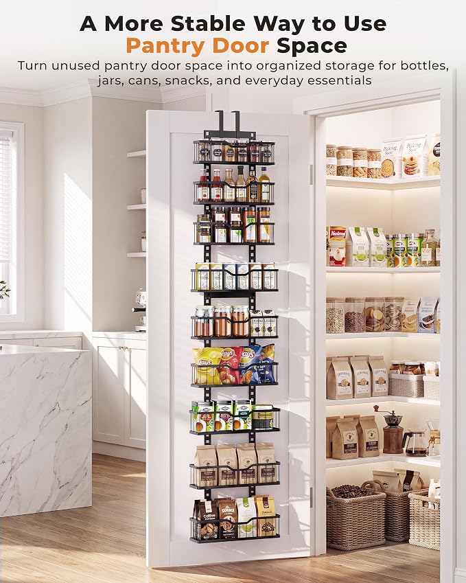 EVERIE Over the Door Pantry Organizer, 9-Tier Heavy Duty Door Storage Rack with Solid Bottom Baskets, Stable No-Bumping Design, Adjustable Hanging Shelves for Kitchen Pantry