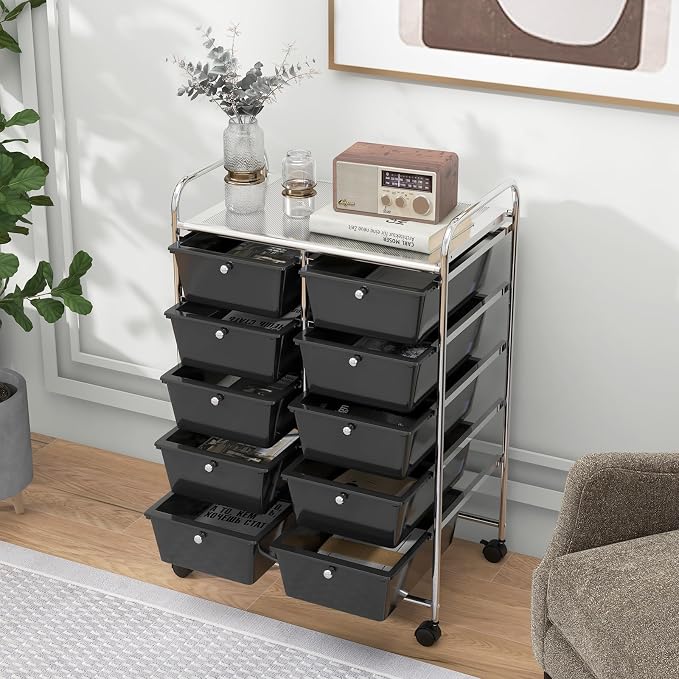 HAPPYGRILL 10-Drawer Rolling Storage Cart, Storage Organizer Cart with Lockable Wheels, Beauty Salon Movable Utility Cart for School, Office, Home, (Black)