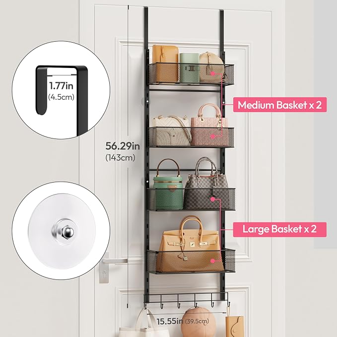 SWTYMIKI Over the Door Purse Organizer - Wall Mounted Purse Rack with 4 Adjustable Metal Basket and 6 Hooks, Hanging Bag Rack for Handbag Organizer, Bag Storage Can Use As 1/2 Part, for Door
