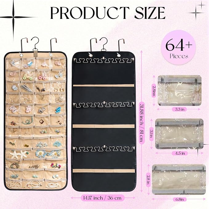Jewelry Hanging Organizer, Oxford Fabric Jewelry Holder with Pockets & Metal Hooks, Wall Mount Door Hanging Storage for Necklaces, Earrings, Bracelets, Large Travel Closet Organizer for Women