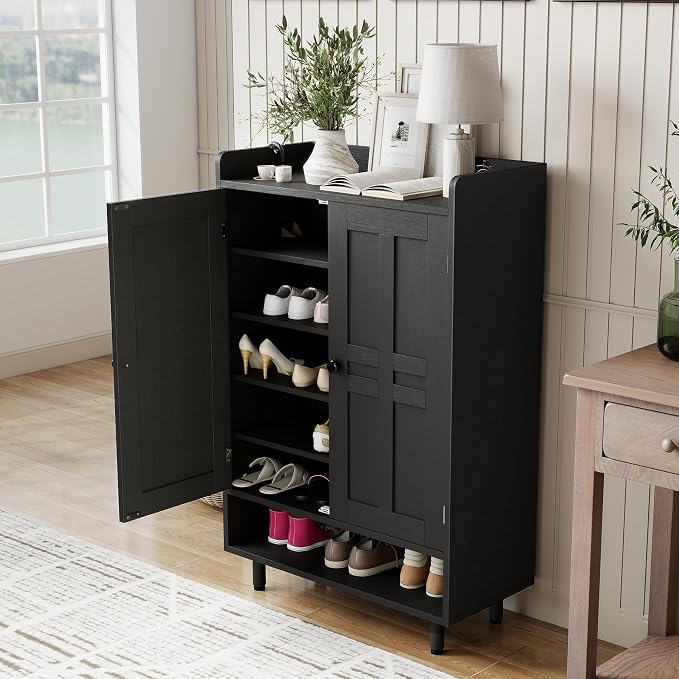 Farmhouse Shoe Cabinet with Doors, 6-Tier Wooden Shoe Organizer with Adjustable Shelves, Entryway Storage Cabinet, Rustic Shoe Storage for Entryway or Living Room (Black)